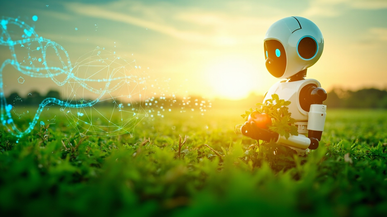 AI 機器人站在農田中，搭配全息神經網絡光效，象徵人工智慧代理在智慧農業的應用